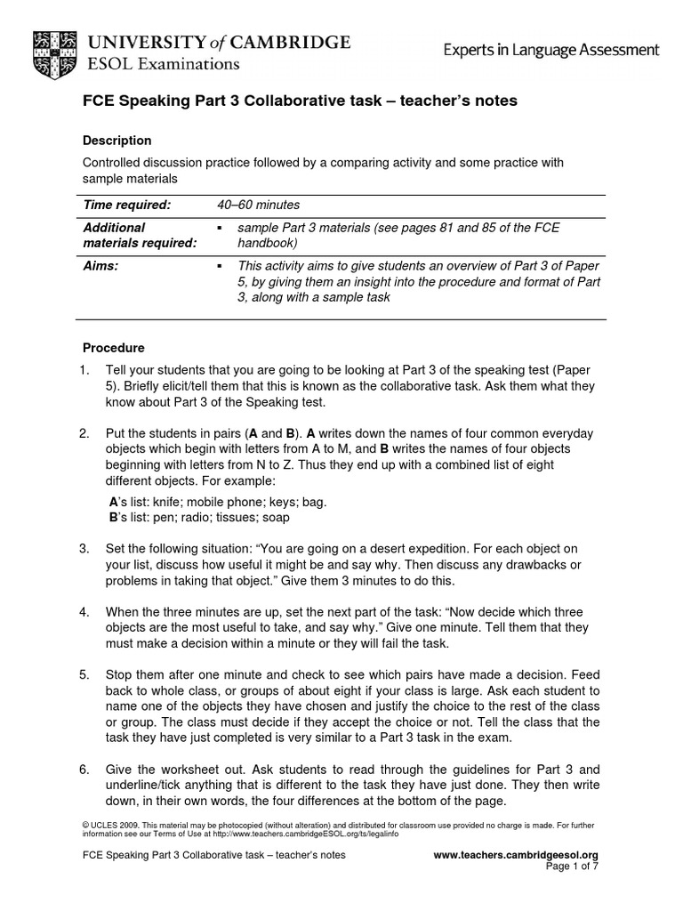 FCE Speaking Part 3 Collaborative Task - Teacher's Notes: Description ...