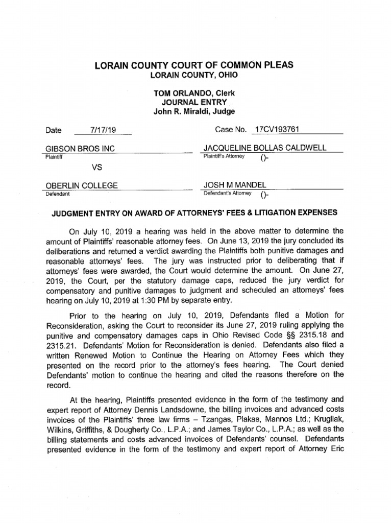 Gibson's Bakery v. Oberlin College Order Awarding Attoney's Fees and
