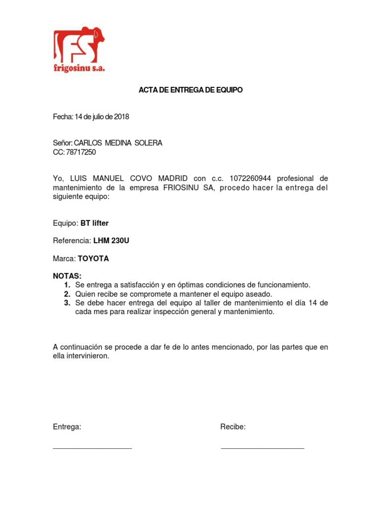 Acta de Entrega de Equipo BT Lifter | PDF | Negocios | Tecnología