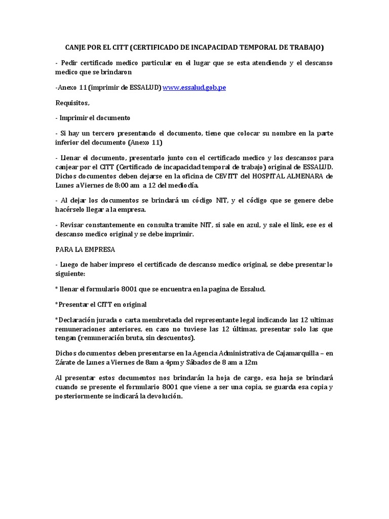 Canje de Descanso Médico por CITT | PDF