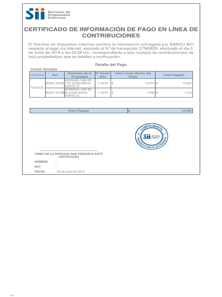 Certificado de pago de contribuciones por internet para dos propiedades