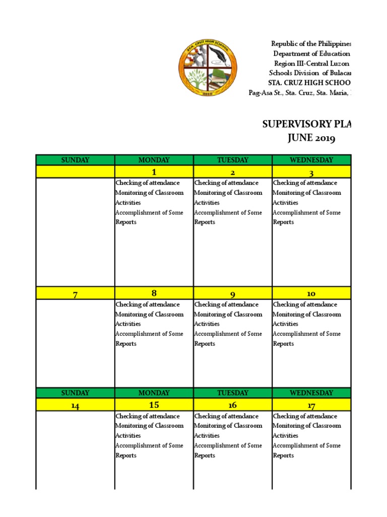 Monthly Supervisory Plan | PDF | Room | Educational Buildings