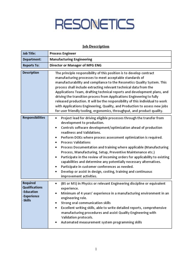 Process Engineer Job Description | PDF | Software Development | Engineering