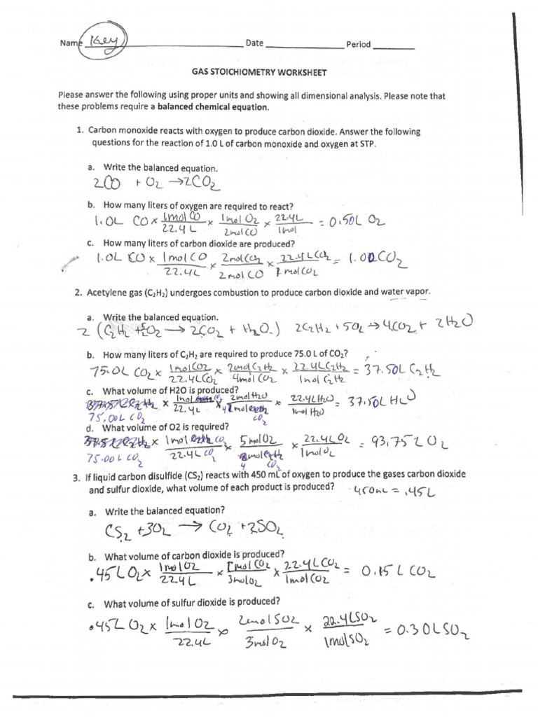 Gas Stoichiometry Worksheet Key