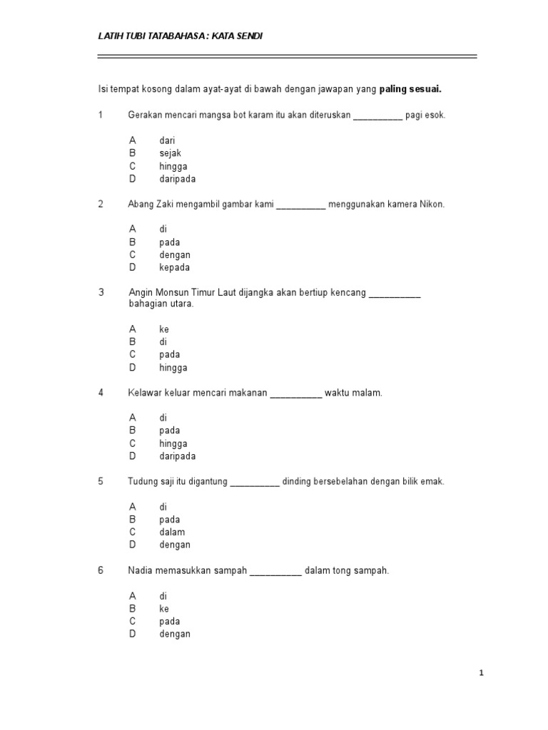 Latihan Kata Sendi Nama Tahun 2 | PDF
