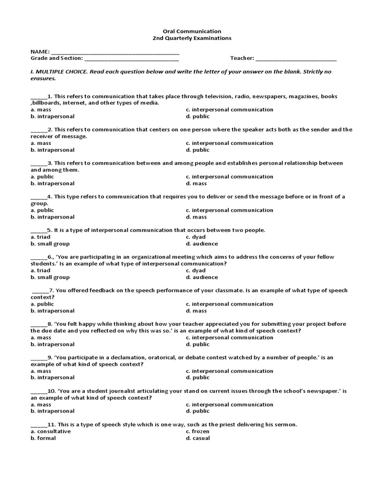 Oral Communication Exam Questions | PDF | Human Communication ...
