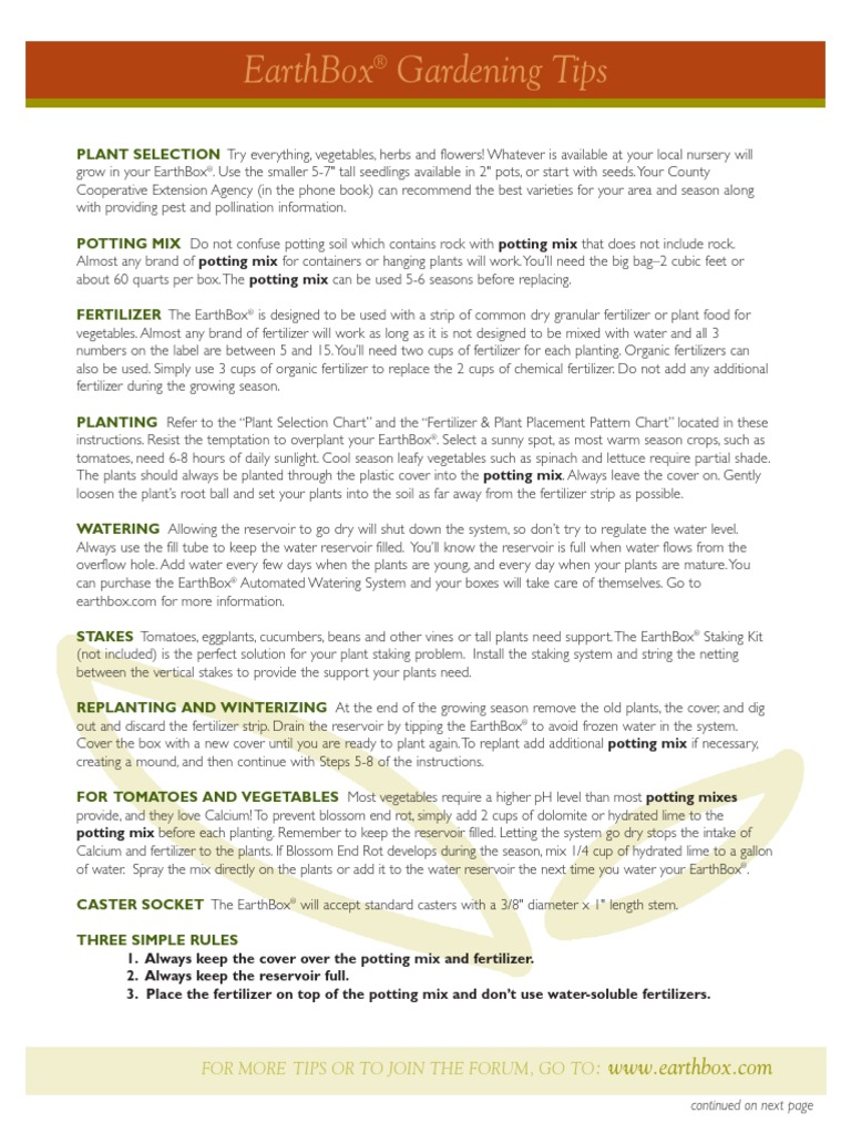 Earthbox Planting Instructions PDF PDF Vegetables Fertilizer