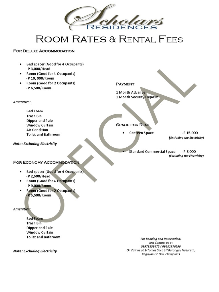 Room Rates R F: & Ental Ees | PDF