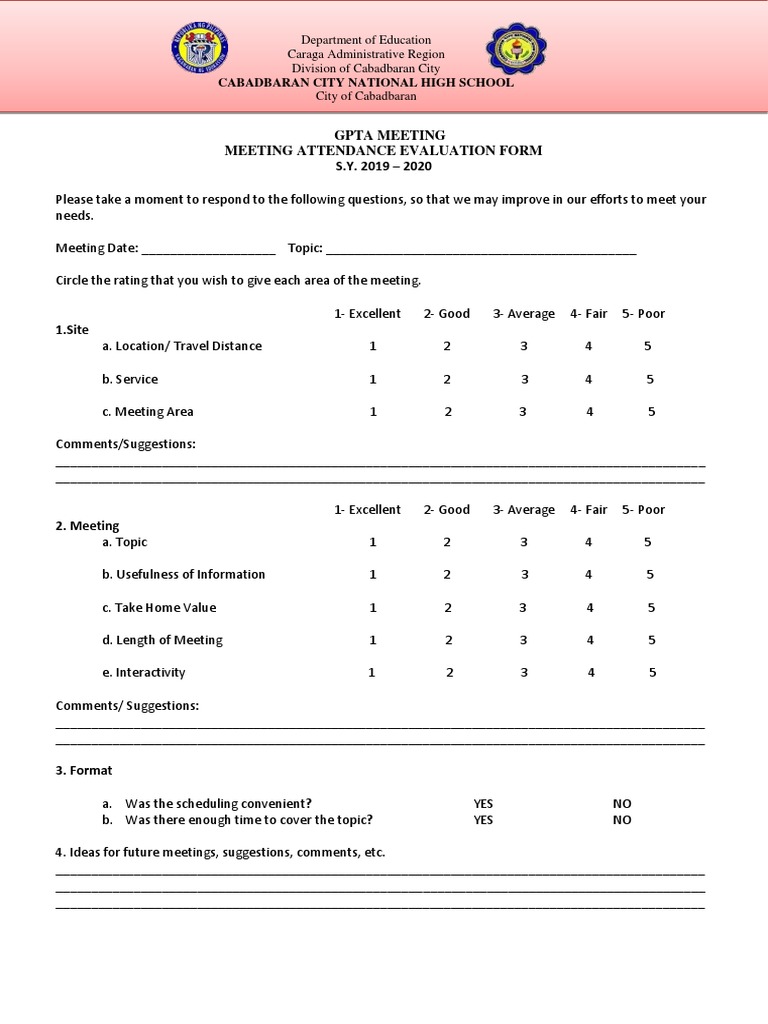 Gpta Meeting Meeting Attendance Evaluation Form S.Y. 2019 - 2020 | PDF