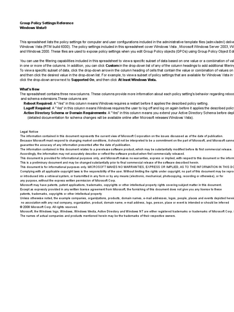 Windows Vista Group Policy Settings PDF Group Policy Copyright