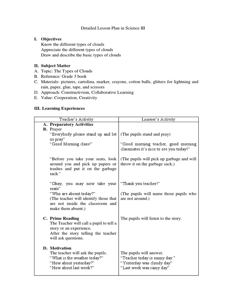 Detailed Lesson Plan in Science III | PDF | Cloud | Lesson Plan