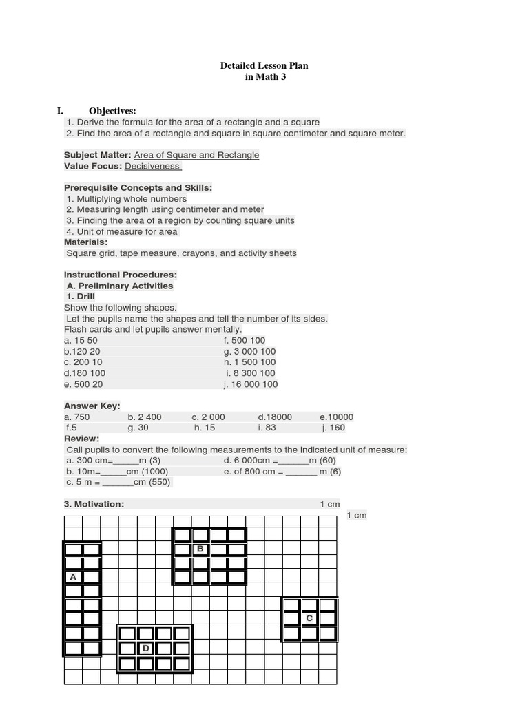 Area of Squares and Rectangles Lesson Plan | PDF | Area | Cognition