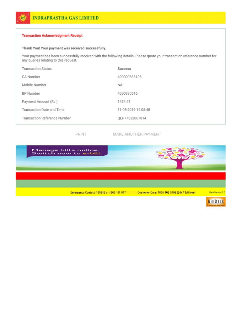 Indraprastha Gas Bill Receipt PDF