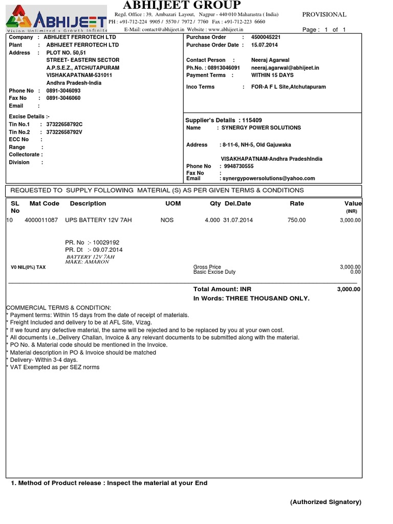 Requested To Supply Following Material (S) As Per Given Terms ...