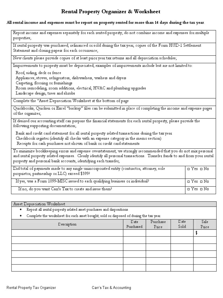 Rental Property Tax Organizer Worksheet | PDF | Expense | Renting