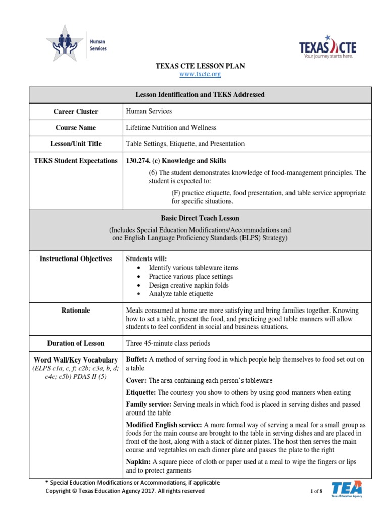 Lesson Plan Table Settings, Etiquette and Presentation - 0 - 0 | PDF
