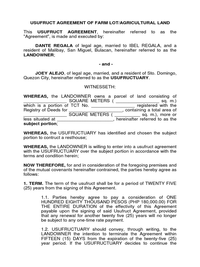 Usufruct Agreement PDF Lease Natural Resources Law