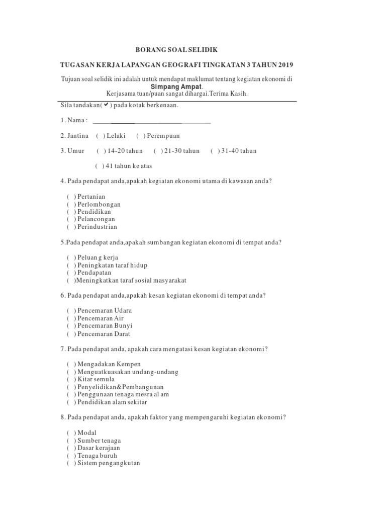 Tugasan Geografi Pt3 2015 Contoh Borang Kaji Selidik Kegiatan Ekonomi