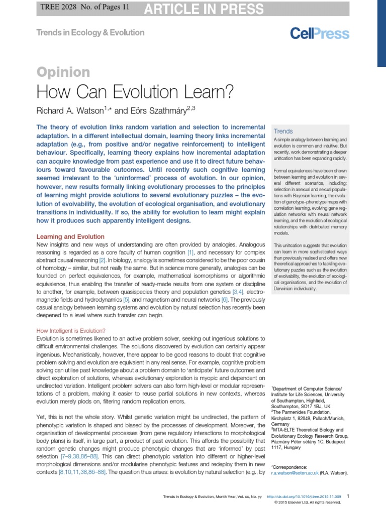 How Can Evolution Learn Trends in Ecology & Evolution 2016 PDF Natural Selection Evolution