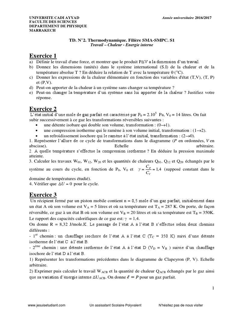 TD de Thermodynamique S1: Travail et Chaleur | PDF | Enthalpie de ...