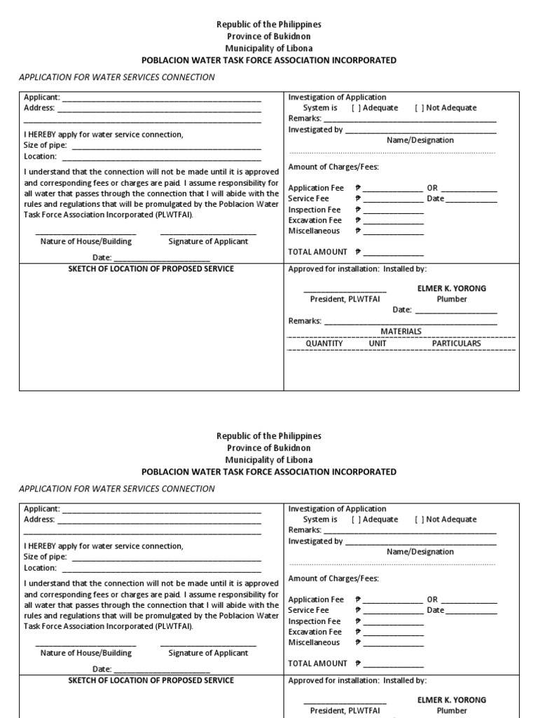 Water Service Connection Application | PDF | Government | Business