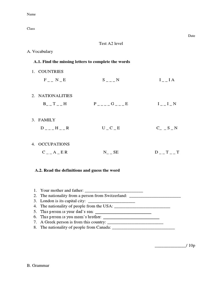 a1 find the missing letters to complete the words