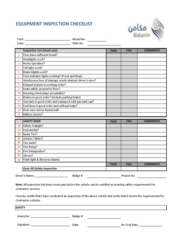 Equipment Inspection Checklist: Inspection List (Check One) Pass Fail ...