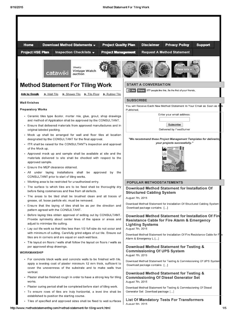Method Statement For Tiling Work PDF