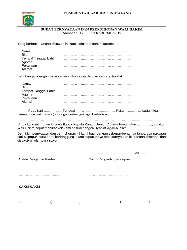 Surat Pernyataan Dan Permohonan Wali Hakim G