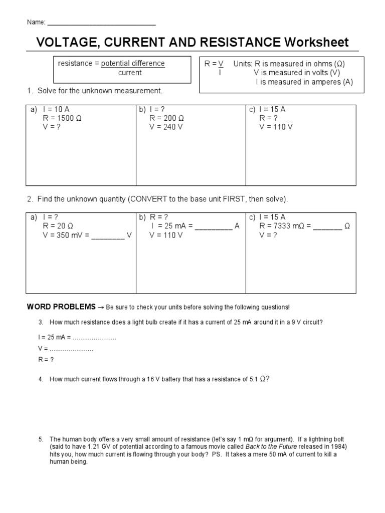 Resistance Voltage and Current With Answers  PDF  Volt  Voltage Throughout Current Voltage And Resistance Worksheet