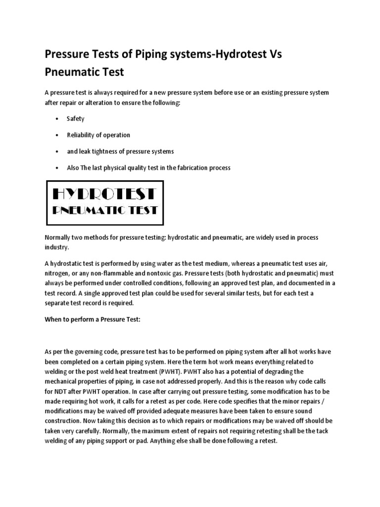 Hydrotest Vs Pneumatic Test PDF Pressure Gas Technologies