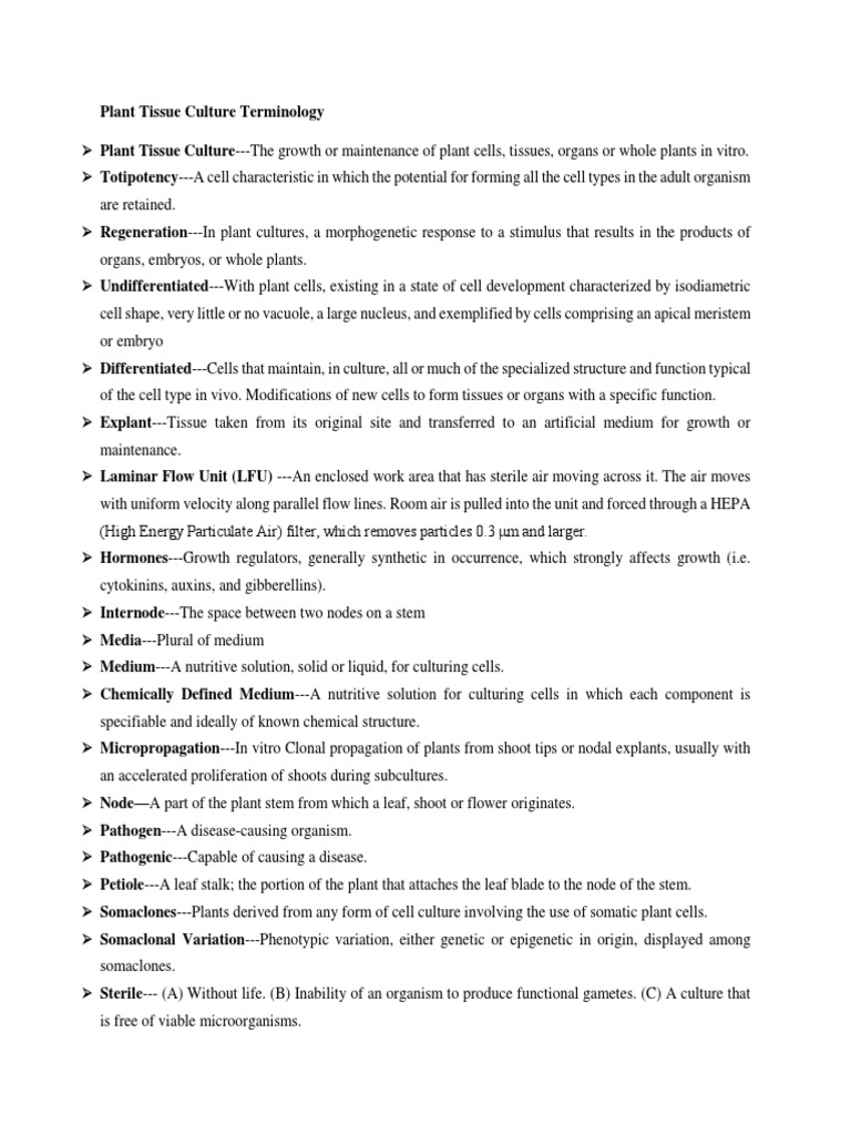 Plant Tissue Culture Terminology PDF Cell Culture Biological