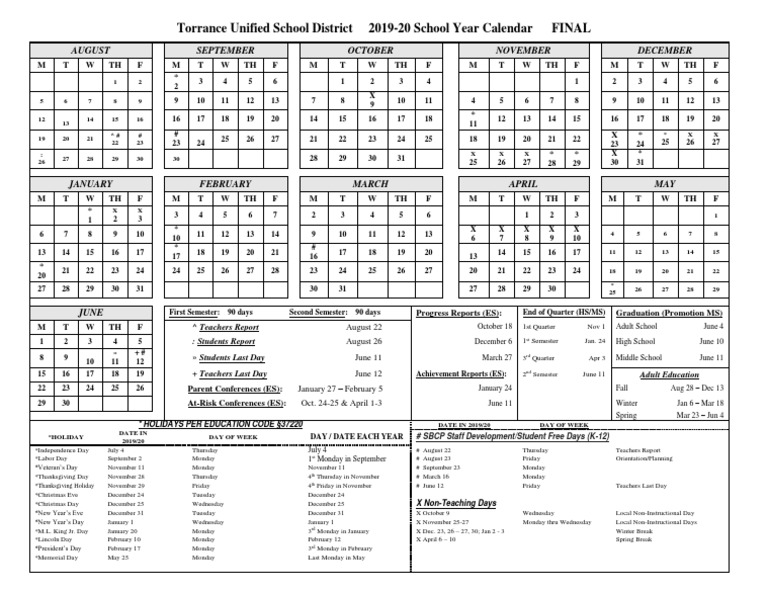 2019 2020 Torrance Unified School Calendar | PDF | Academic Term | Traditions