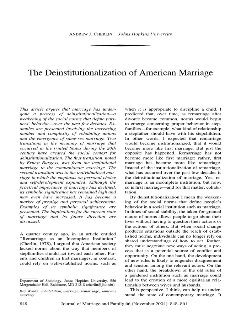 Deinstitutionalization of American Marriage | PDF | Same Sex Marriage ...