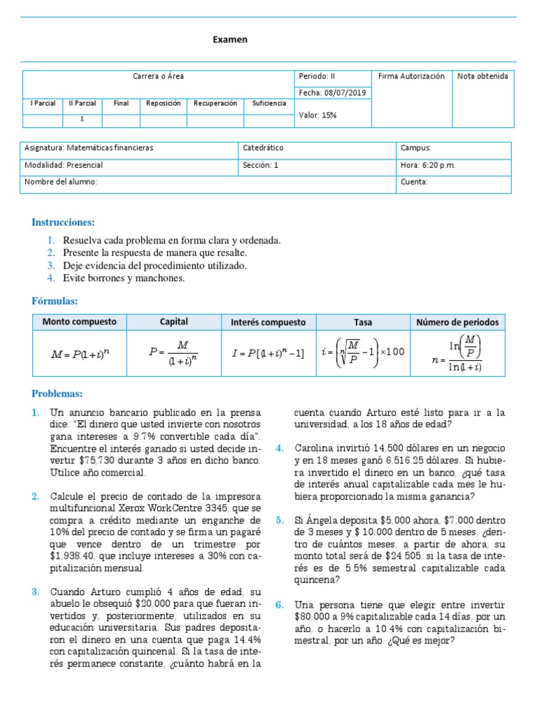 EXAMEN 2 Matemáticas Financieras | PDF | Finanzas Matemáticas | Bancos
