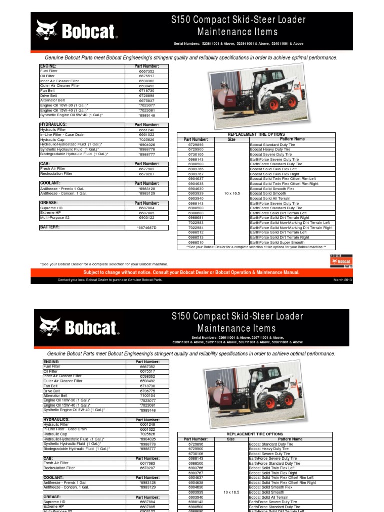 Skid Steer Loader Maintenance Chart S150 PDF | PDF | Tire | Engines