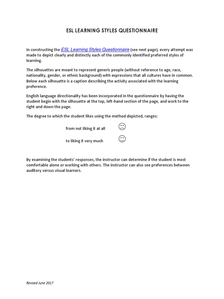 ESL Learning Styles Questionnaire | PDF | English As A Second Or ...
