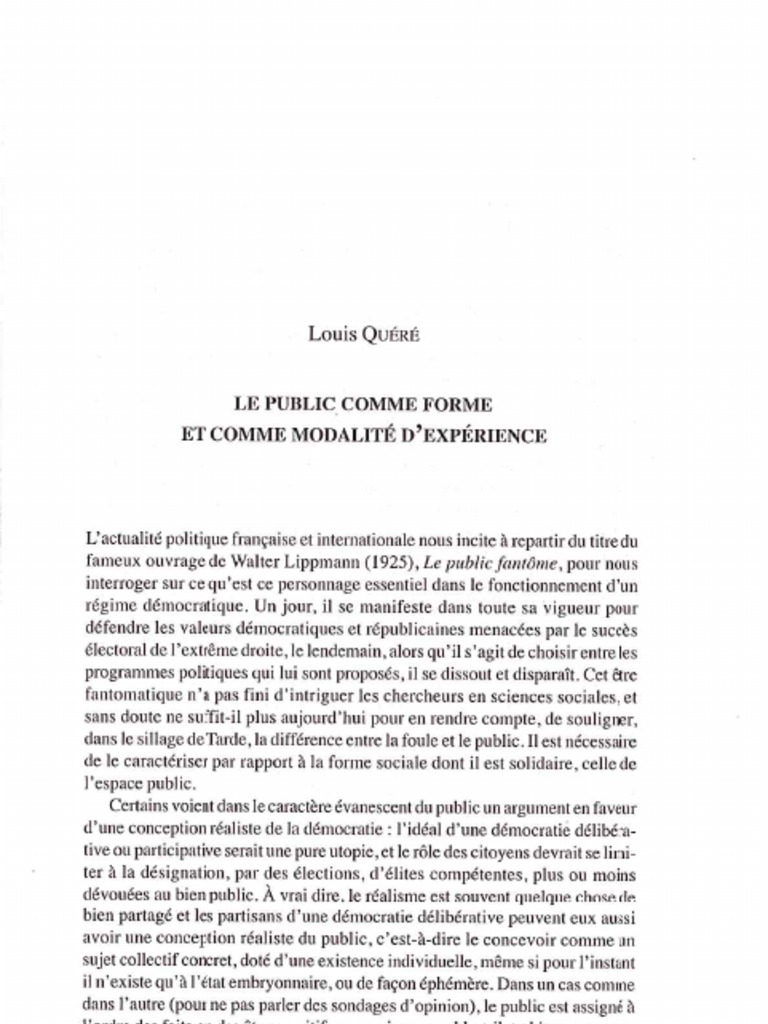 Quéré Le Public Comme Forme Et Comme Modalité D'expérience | PDF