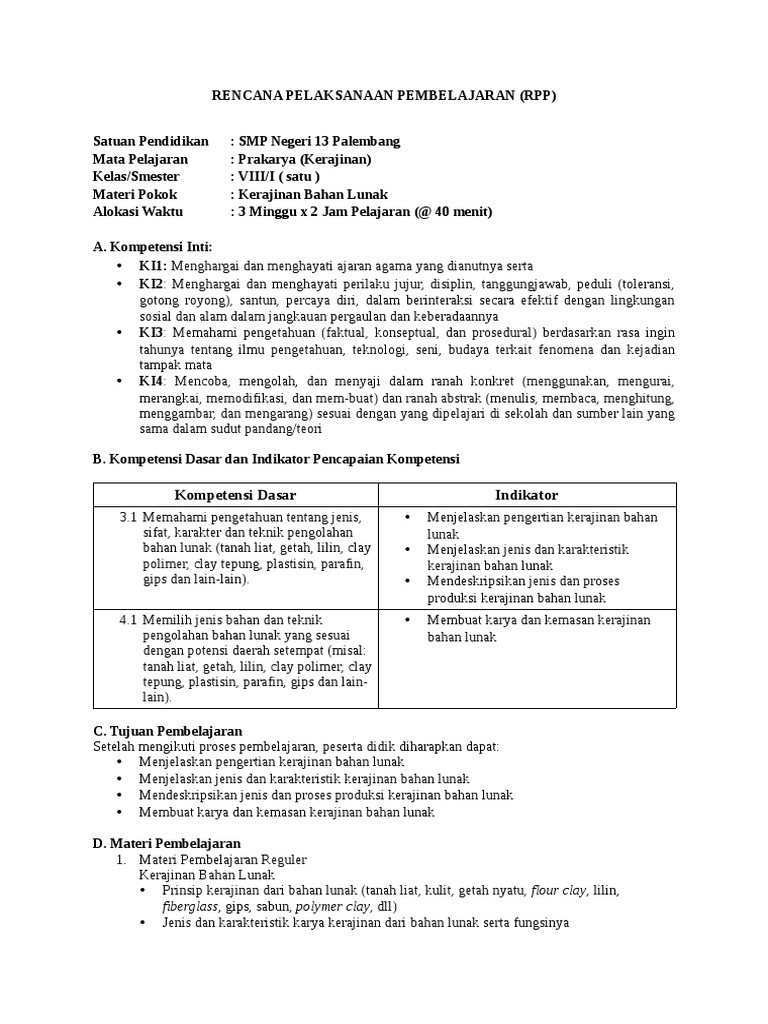  Rpp  Daring Prakarya Kelas  8 Semester  1 Kerajinan  Bahan 