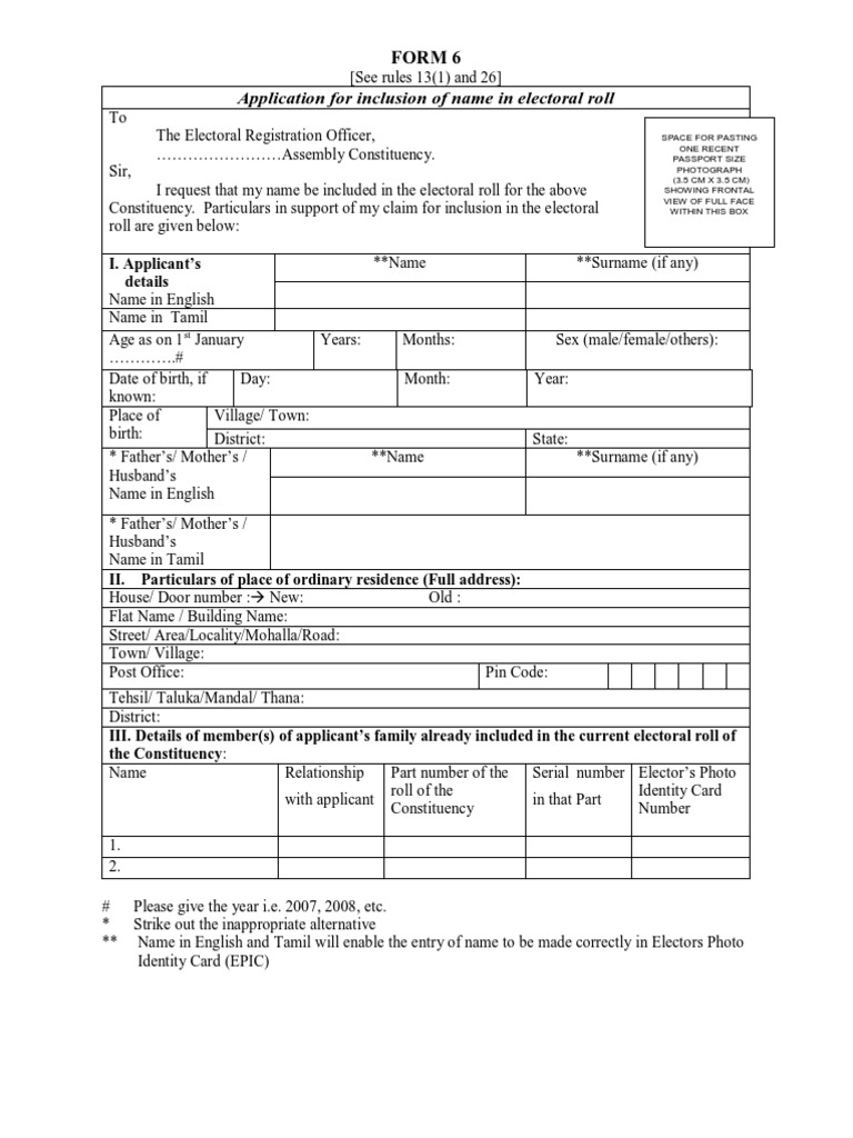 Application for inclusion of name in electoral roll Form 6 Birth