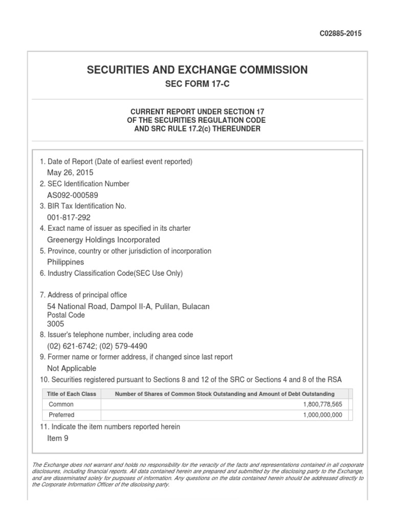 Securities and Exchange Commission: Sec Form 17-C | PDF | Securities ...
