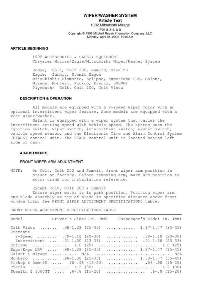Wiper and Washer System PDF Switch Relay
