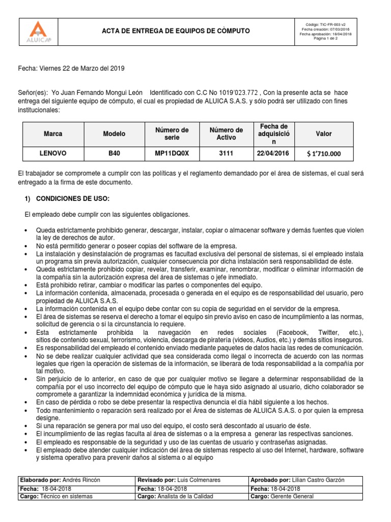 Acta de Entrega de Equipos de Cómputo | PDF | Internet | Software