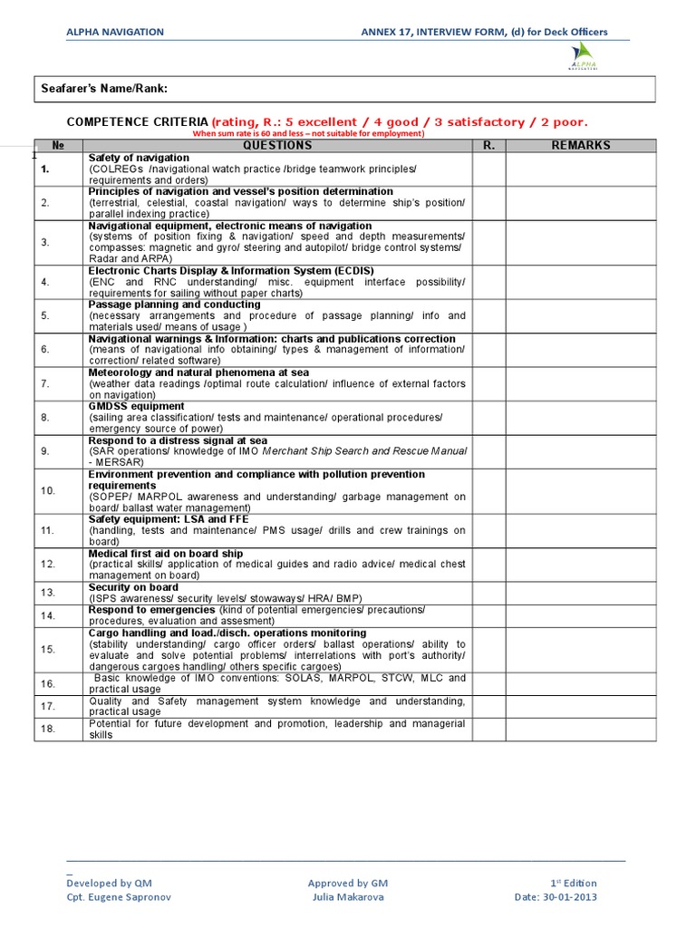 Deck Officer Interview Evaluation Form | PDF | Navigation | Water Transport