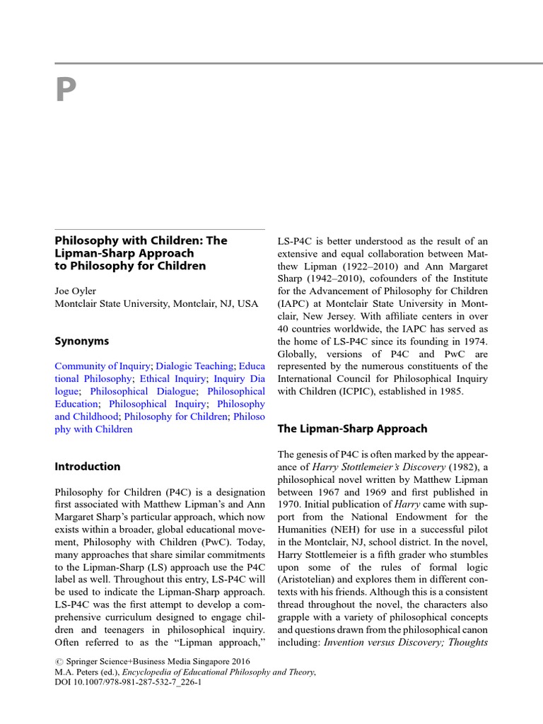 Lipman-Sharp Philosophy for Children | PDF | Inquiry | Critical Thinking