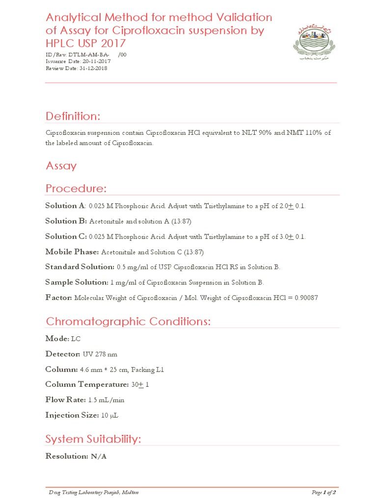 Validation of an HPLC Assay Method for the Quantitative Analysis of Ciprofloxacin in Suspension