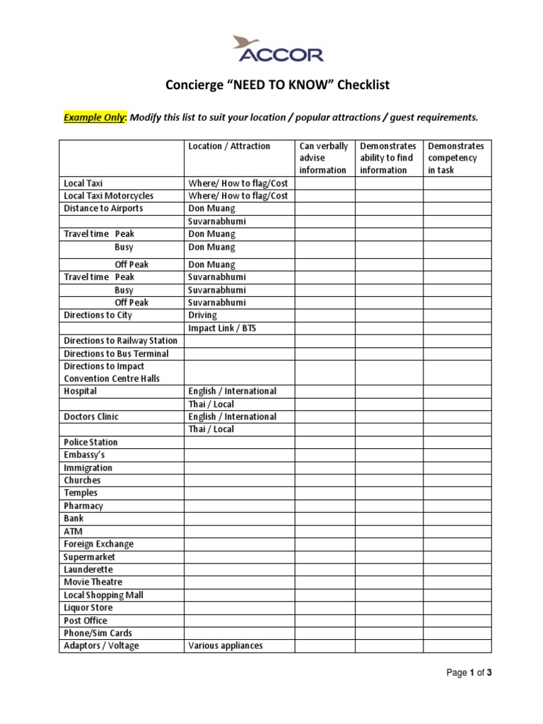 Concierge "NEED TO KNOW" Checklist | PDF | Thailand | Business