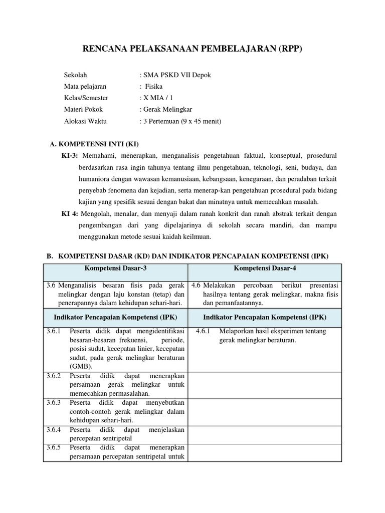 RPP Gerak Melingkar Fisika Kelas X SMA