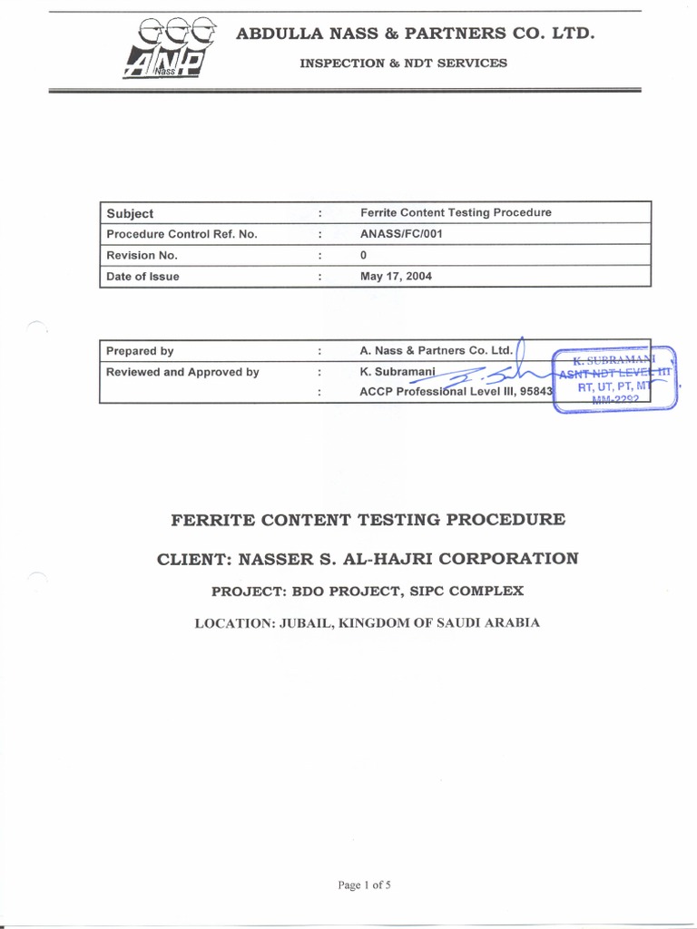Ferrite Content Testing Procedure PDF Nondestructive Testing