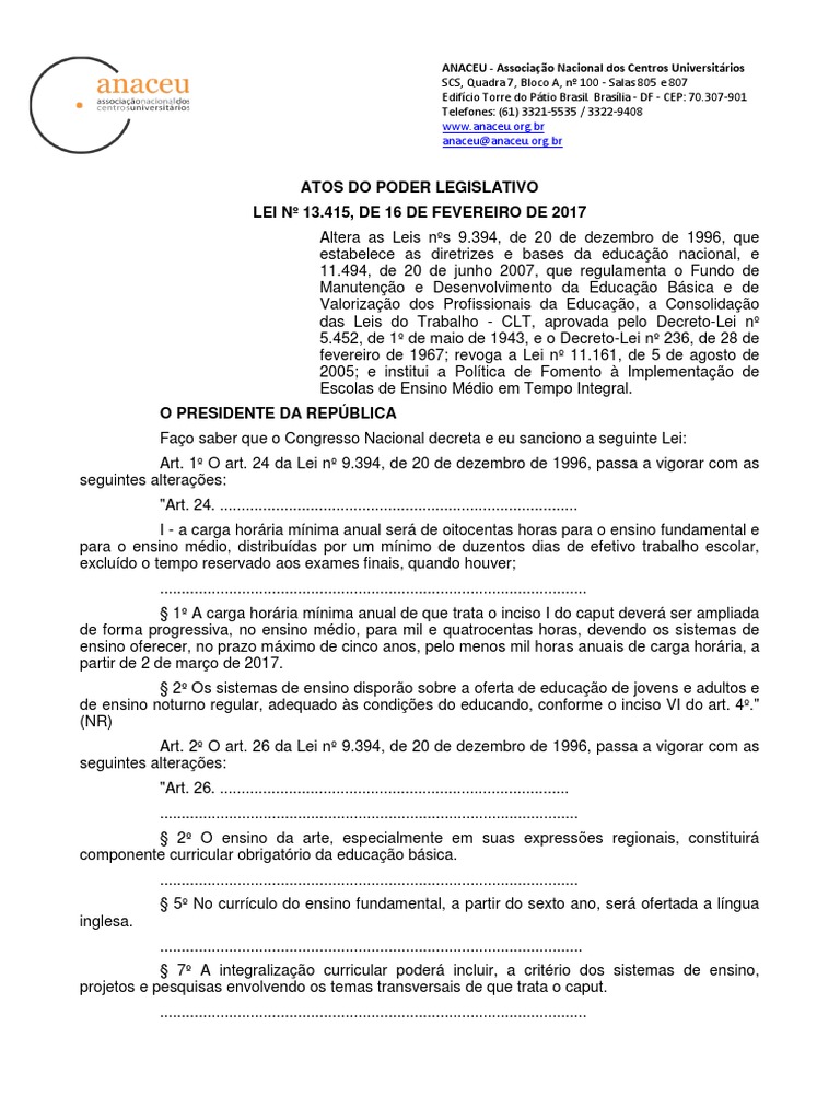 Lei 13.415/2017: Carga Horária Ensino Médio | PDF | Ensino médio | Estatuto